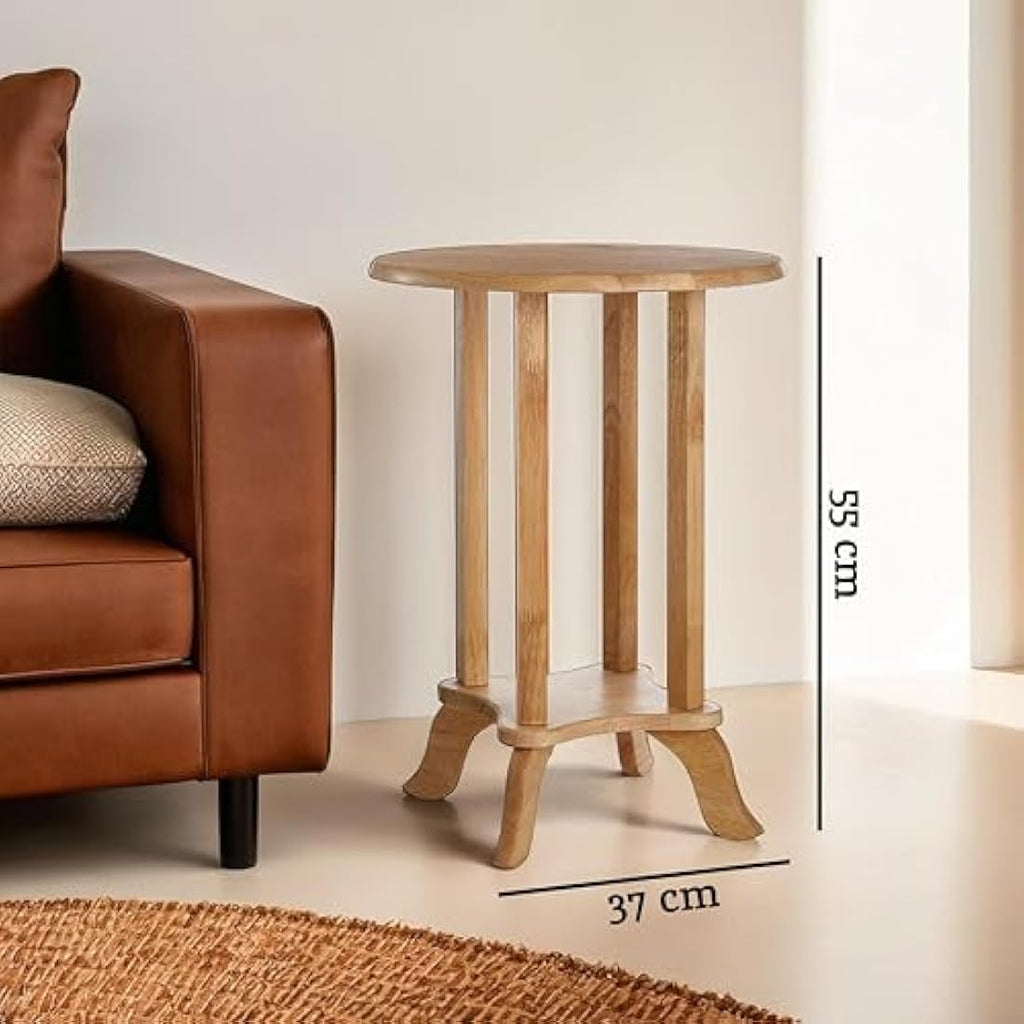 Jolof Store Round Side Table – Hevea Wood Bedside Table with Storage