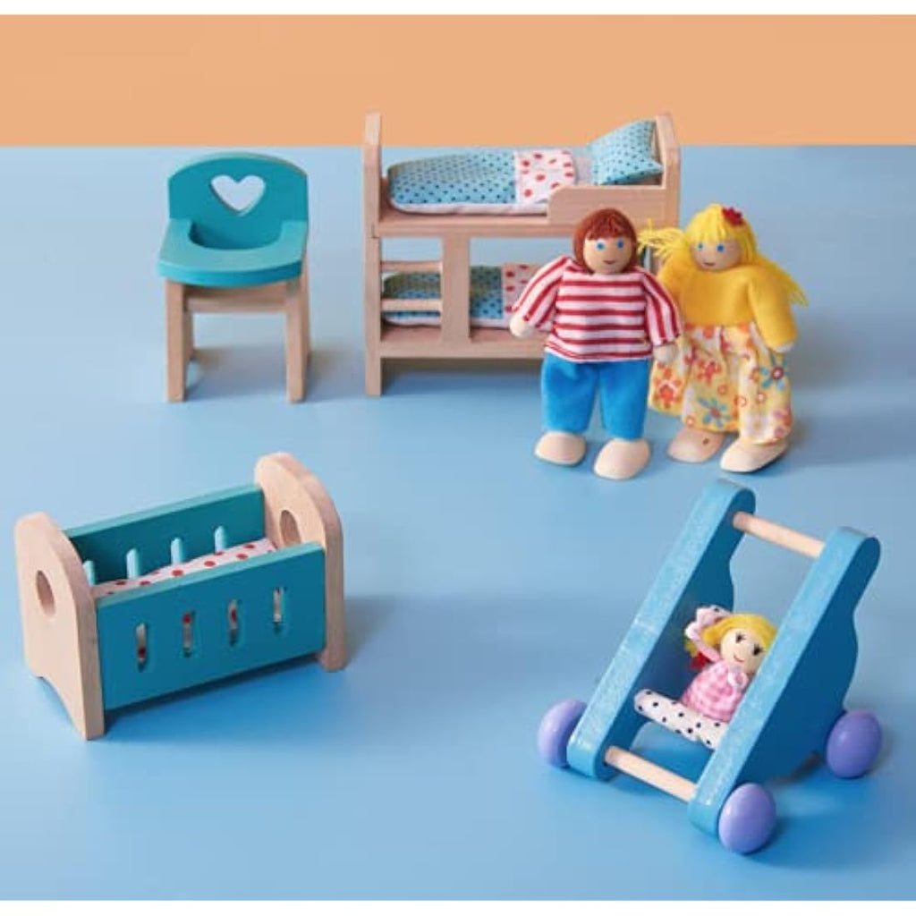 Wooden Dollhouse Furniture Set - 5 Rooms and 7 Dolls