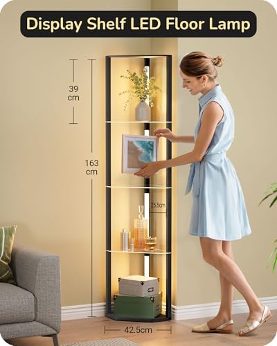 EDISHINE LED Floor Lamp with 4-Tier Glass Shelves | Dimmable Wood Light