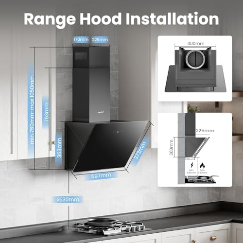 COMFEE' 60cm Angled Cooker Hood | Black Tempered Glass Extractor Fan