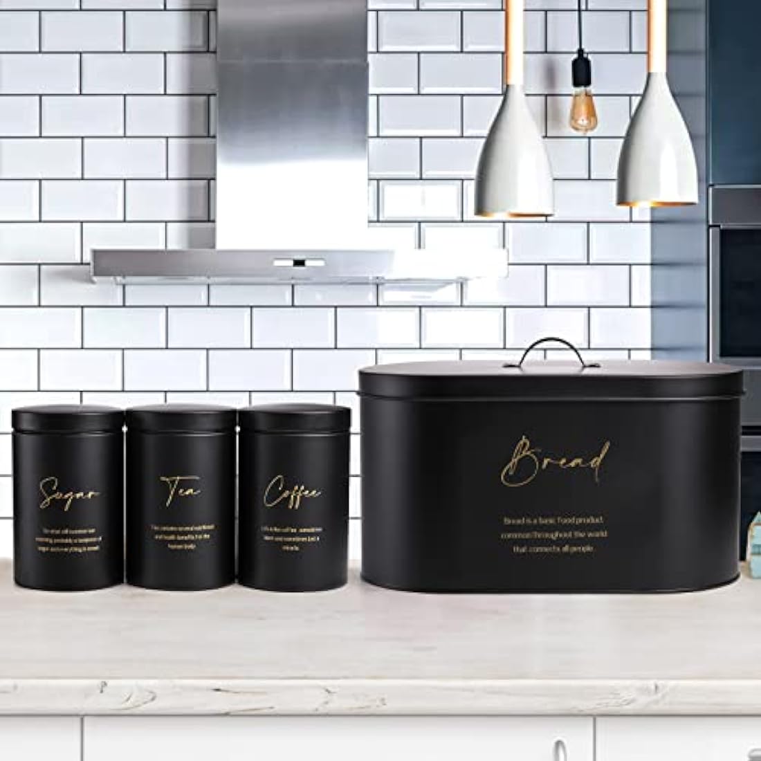 Hacaroa 4-Piece Metal Bread Box and Canister Set – Black & Gold Kitchen Storage