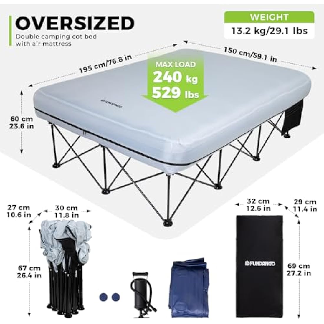 FUNDANGO Double Camping Cot with Air Mattress | Folding 2 Person Bed