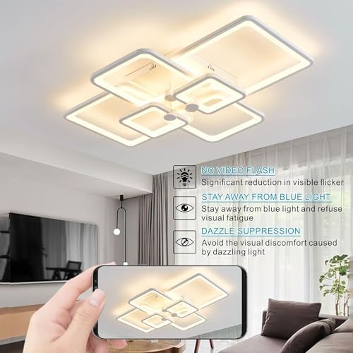 HIHIHOMY Modern 6-Ring LED Ceiling Light | Dimmable Geometric Lamp, 78W White