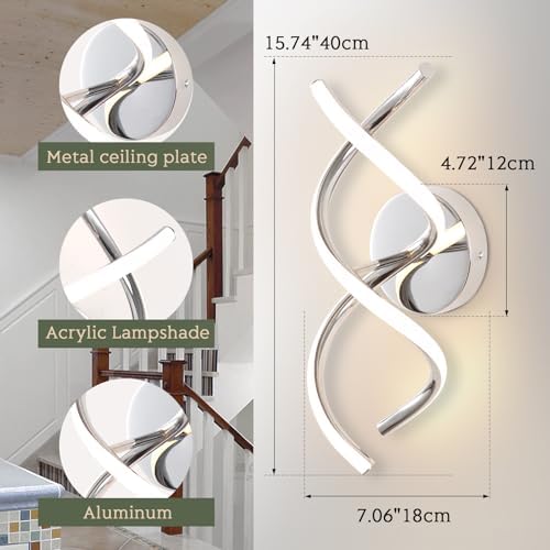 EIDISUNY Modern Spiral LED Wall Sconce – 24W Chrome Indoor Light 3000K
