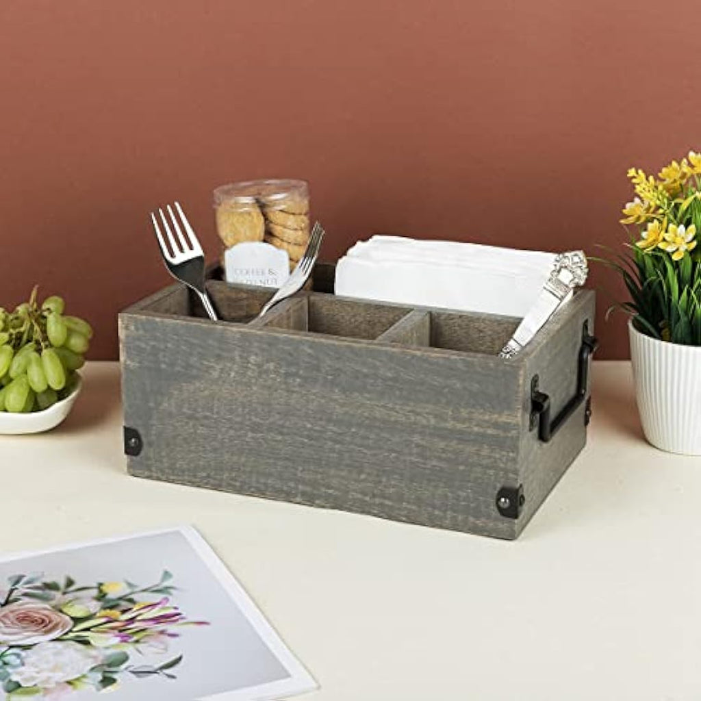 GoCraft Grey Washed Mango Wood 4-Compartment Flatware and Napkin Caddy