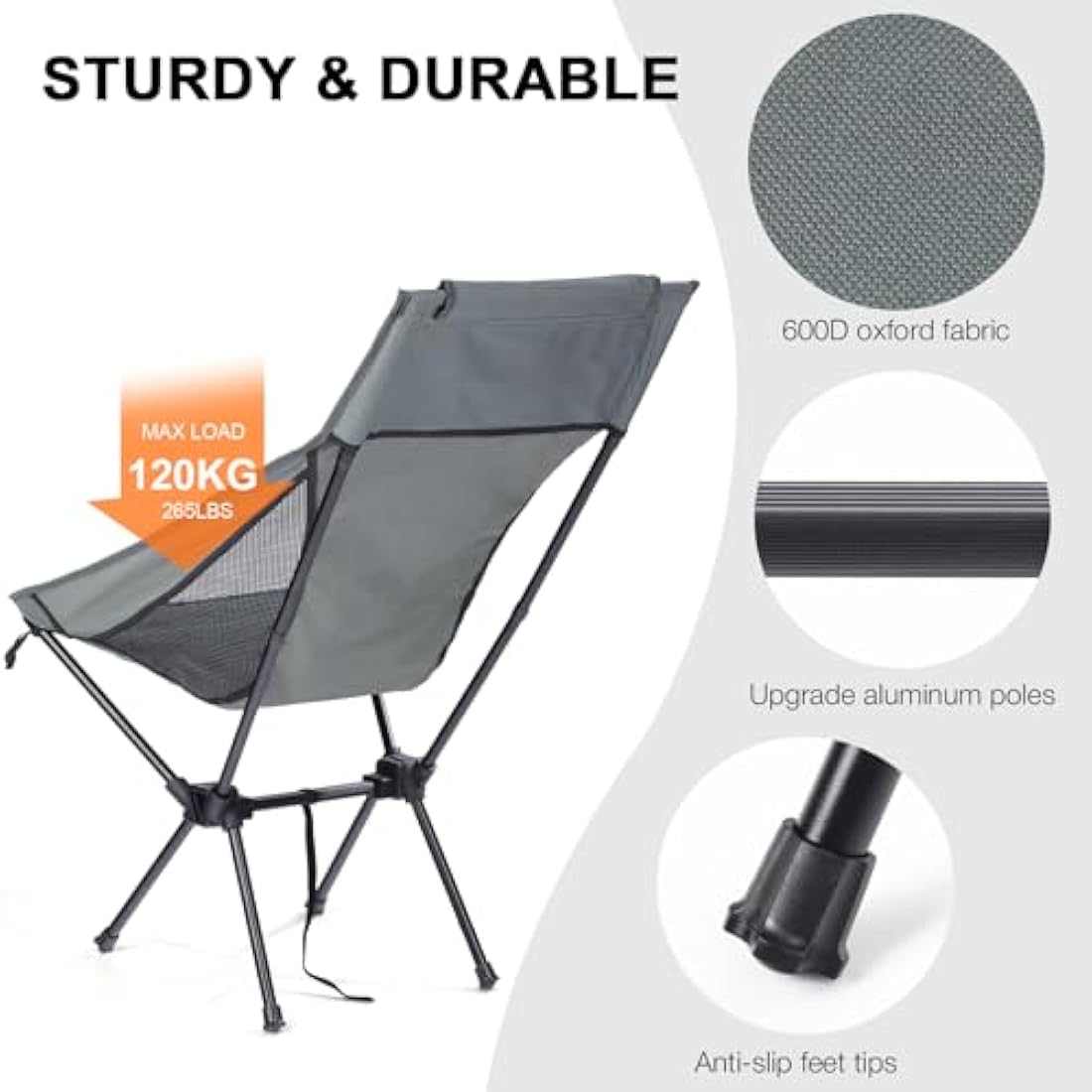 Outplea Lightweight High Back Camping Chair | Portable Folding Chair, Grey