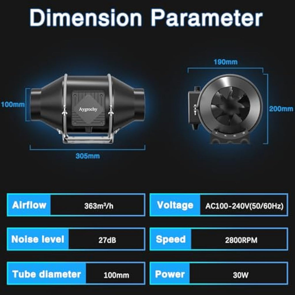 Aygrochy 4 Inch Inline Duct Fan with Smart Controller | 205 CFM EC Motor