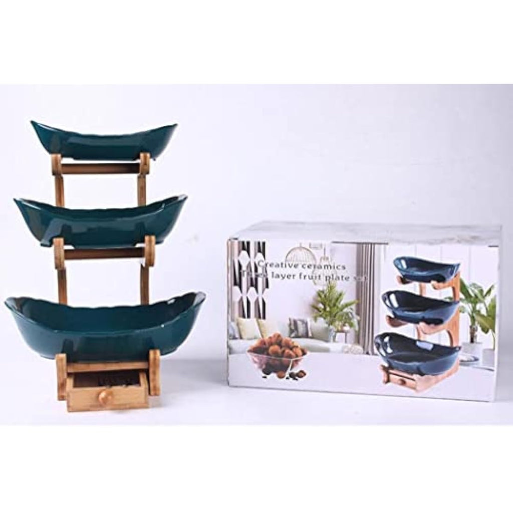 3-Tier Ceramic Fruit Bowl Set with Bamboo Stand – Dark Green
