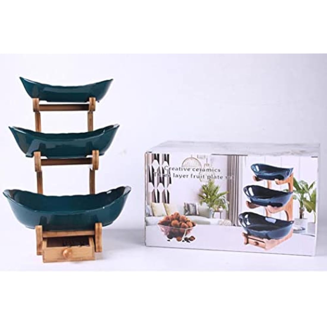 3-Tier Ceramic Fruit Bowl Set with Bamboo Stand – Dark Green
