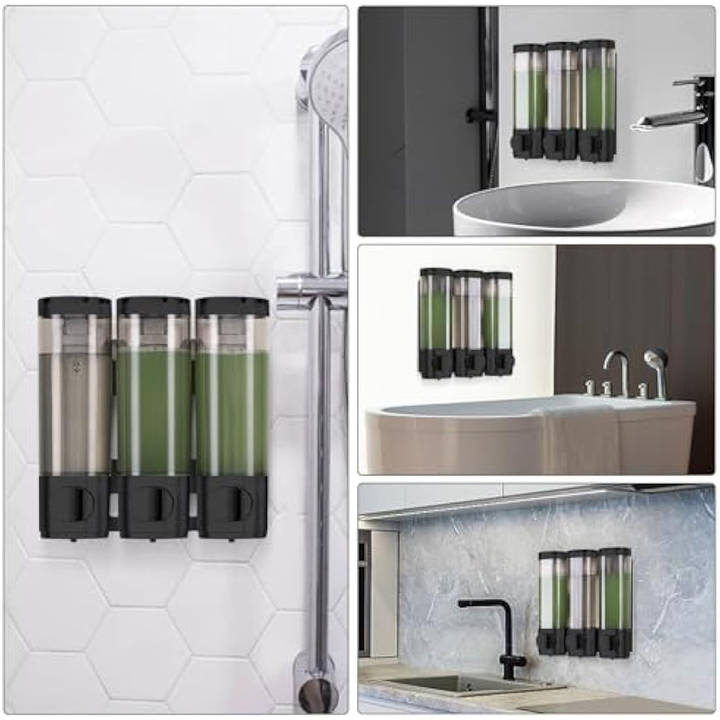 3-Chamber Wall Mount Soap Dispenser – No Drill Black ABS