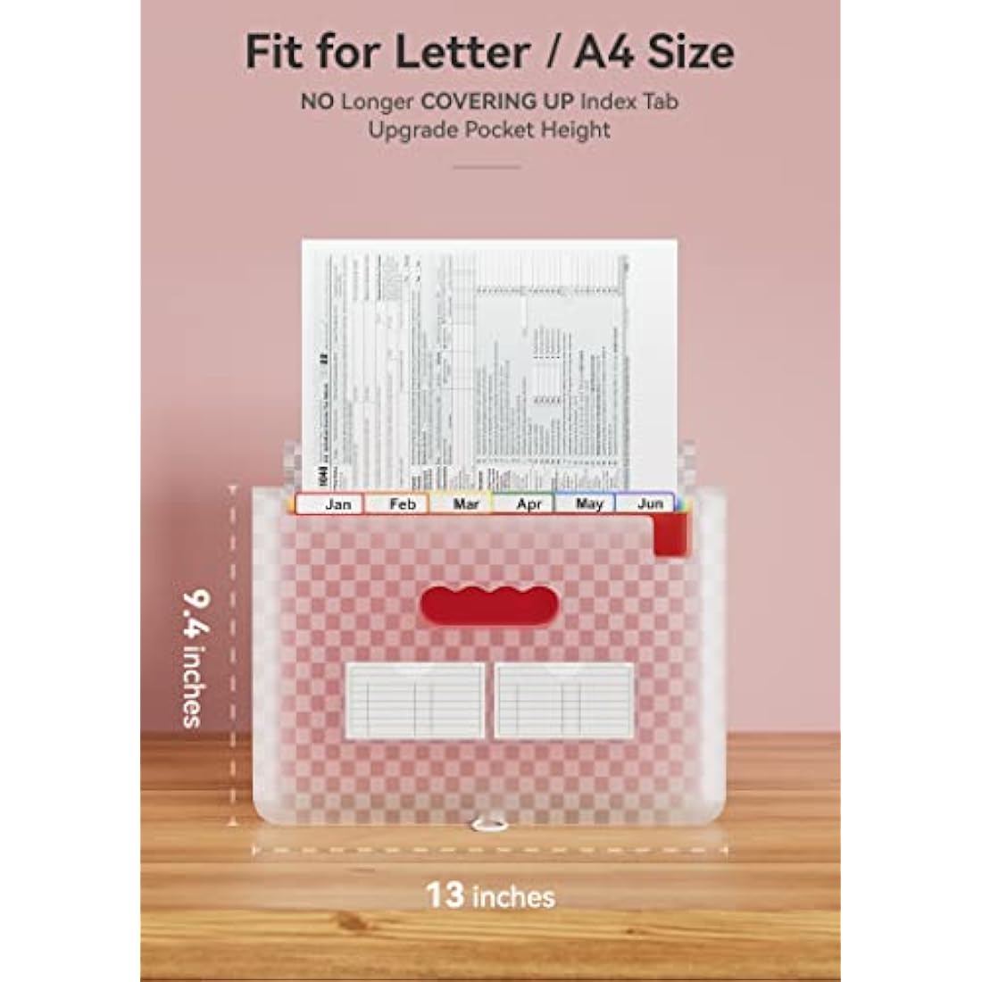 ABC life A4 Expanding File Organiser | 13 Pockets Grid Pattern - Pink