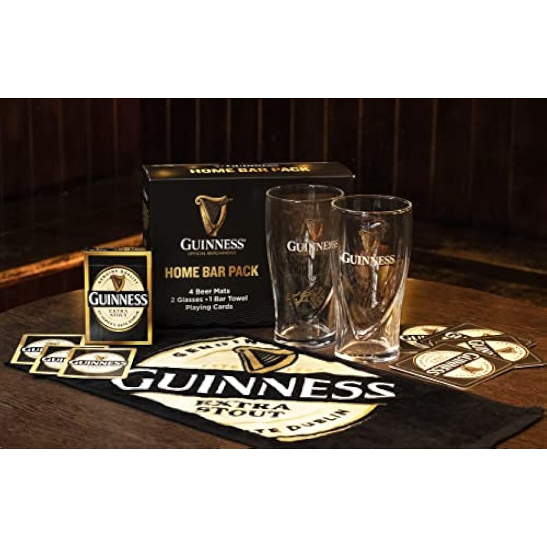 Guinness Home Bar Set – Gravity Pint Glasses, Bar Towel & Playing Cards