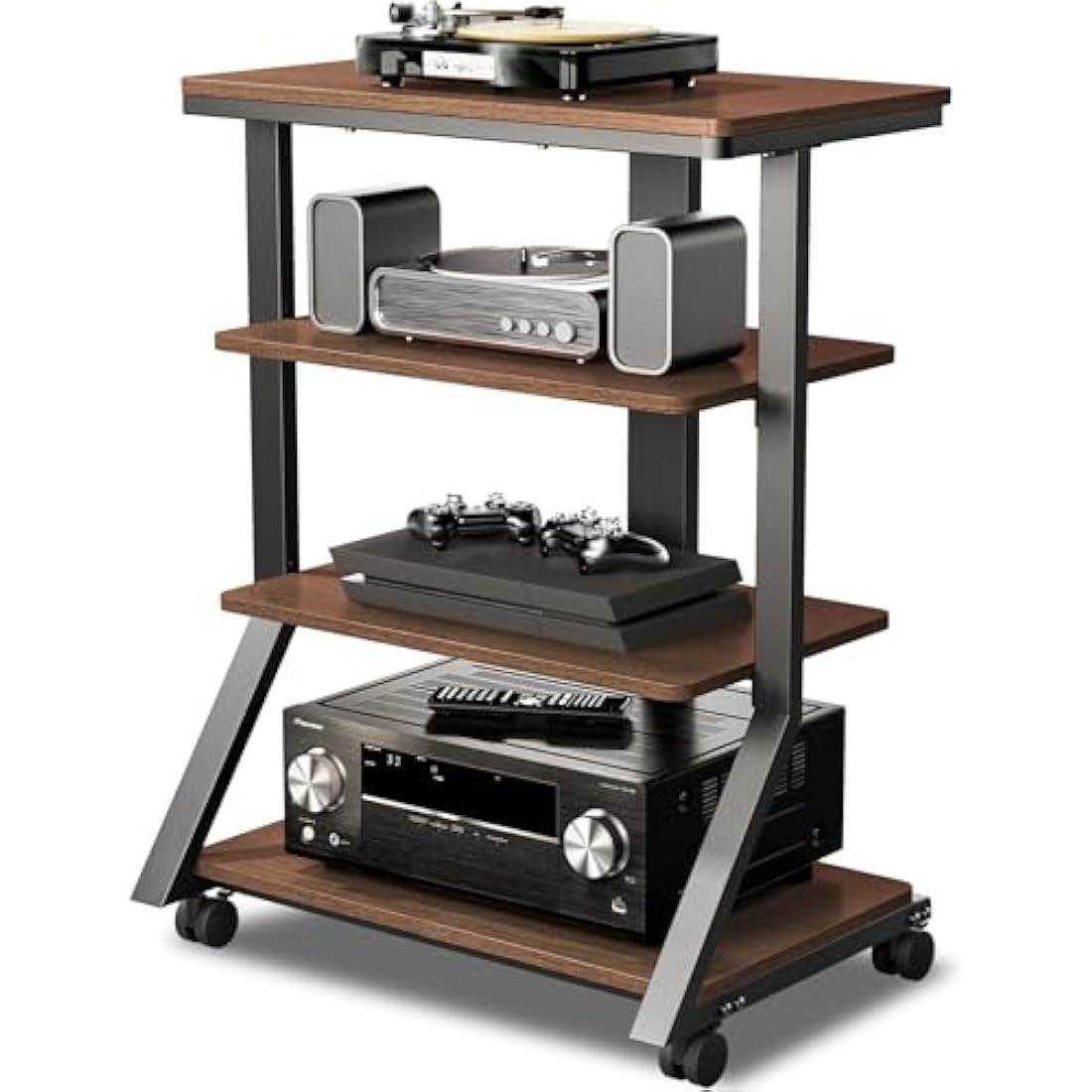 5Rcom 4-Tier HiFi Audio Rack | Rolling Wood Media Stand for Turntables