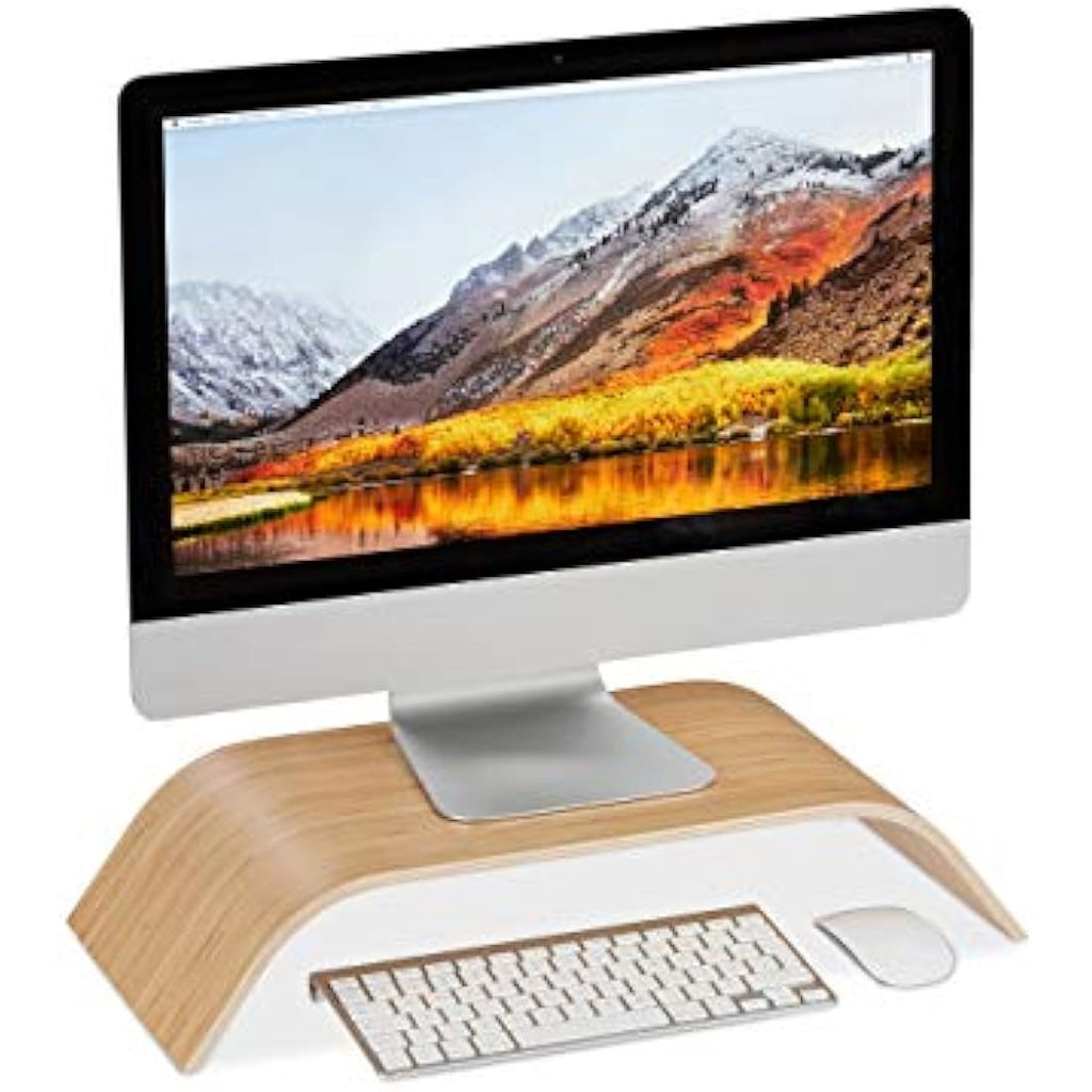 Relaxdays Bamboo Monitor Stand – Ergonomic Curved Desk Display Riser