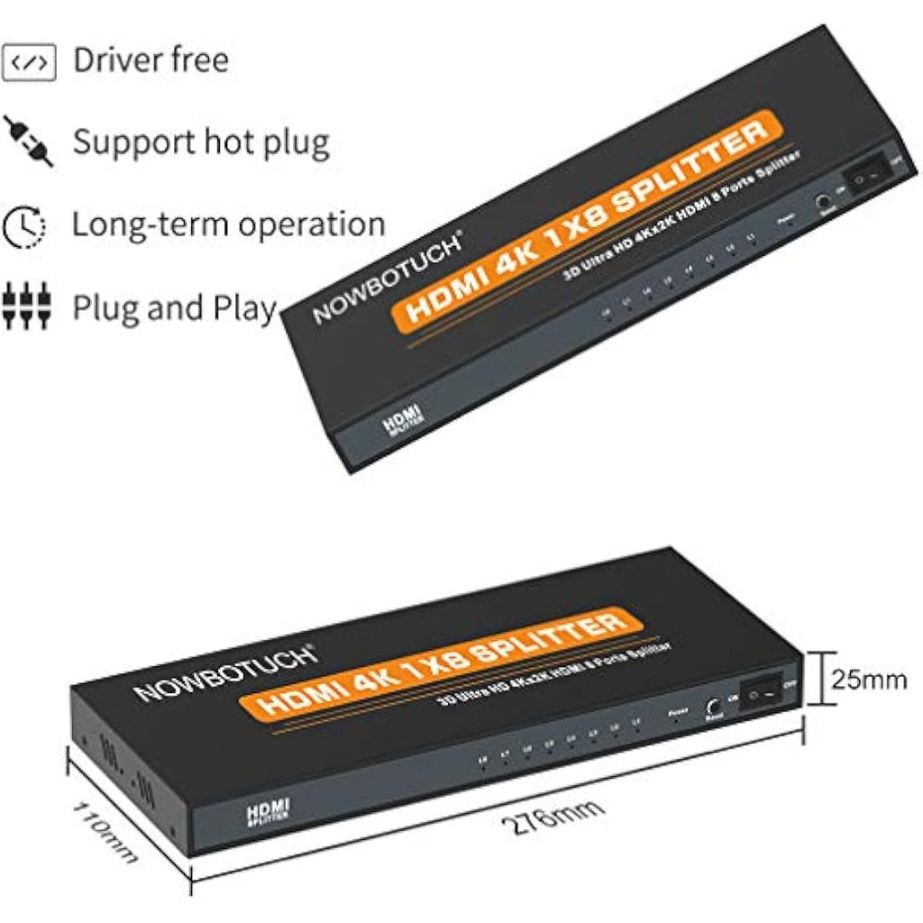 NOWBOTUCH 1x8 HDMI Splitter – 4K 1080P 1 in 8 Out Powered Metal Switch