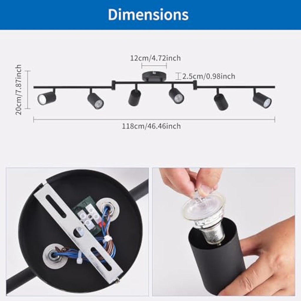 ANWIO 6-Way Black GU10 Ceiling Spotlight Bar | Adjustable Industrial Metal