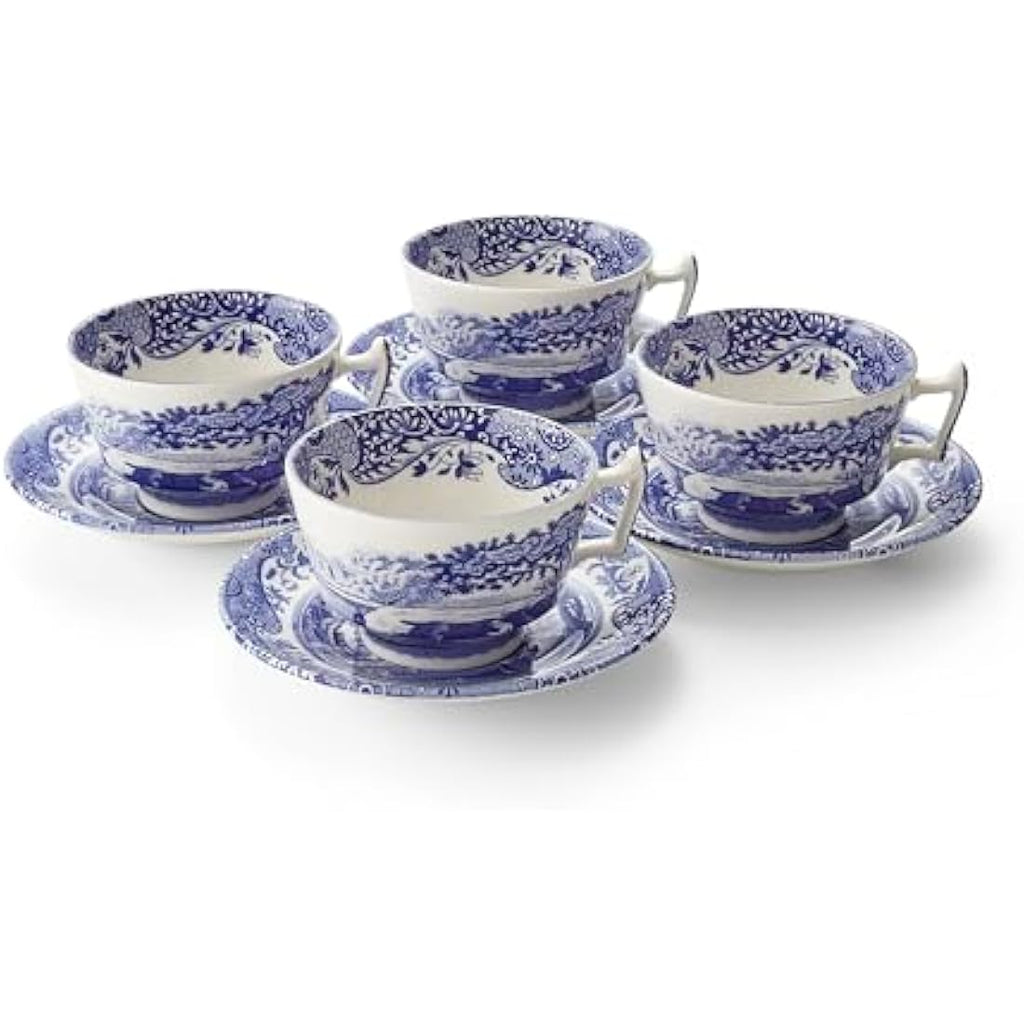 Spode Blue Italian Teacup and Saucer Set – 7oz Ceramic Fine China, 4pc