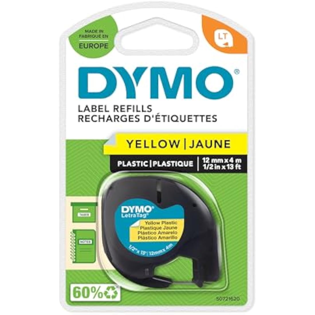 DYMO LetraTag Plastic Labels | 12mm x 4m | Black on Yellow Tape