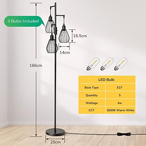 EDISHINE Industrial Dimmable Floor Lamp – 3-Light Metal Cage Standing Lamp