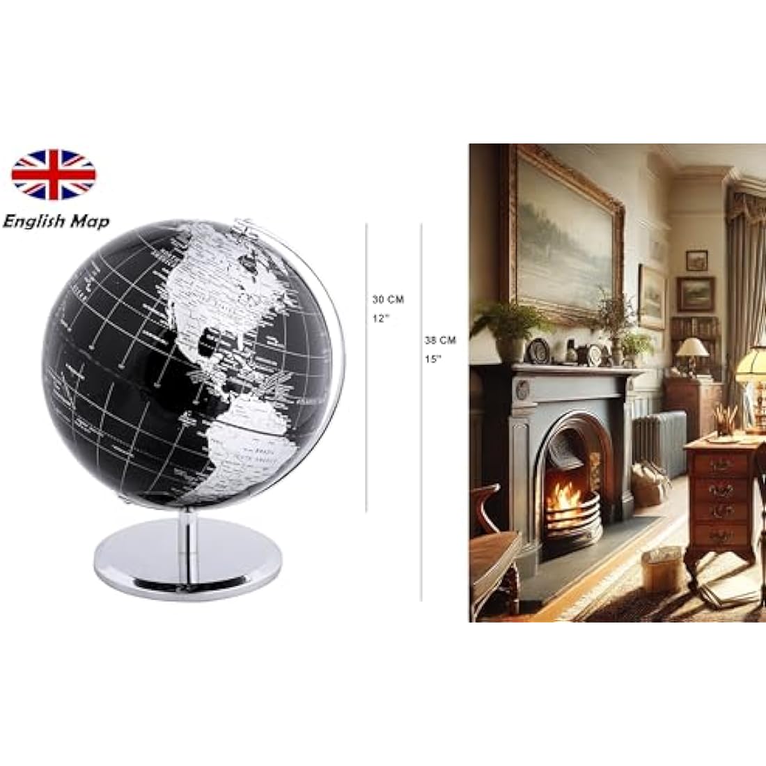 30cm World Globe – Metallic Black Map with Metal Base