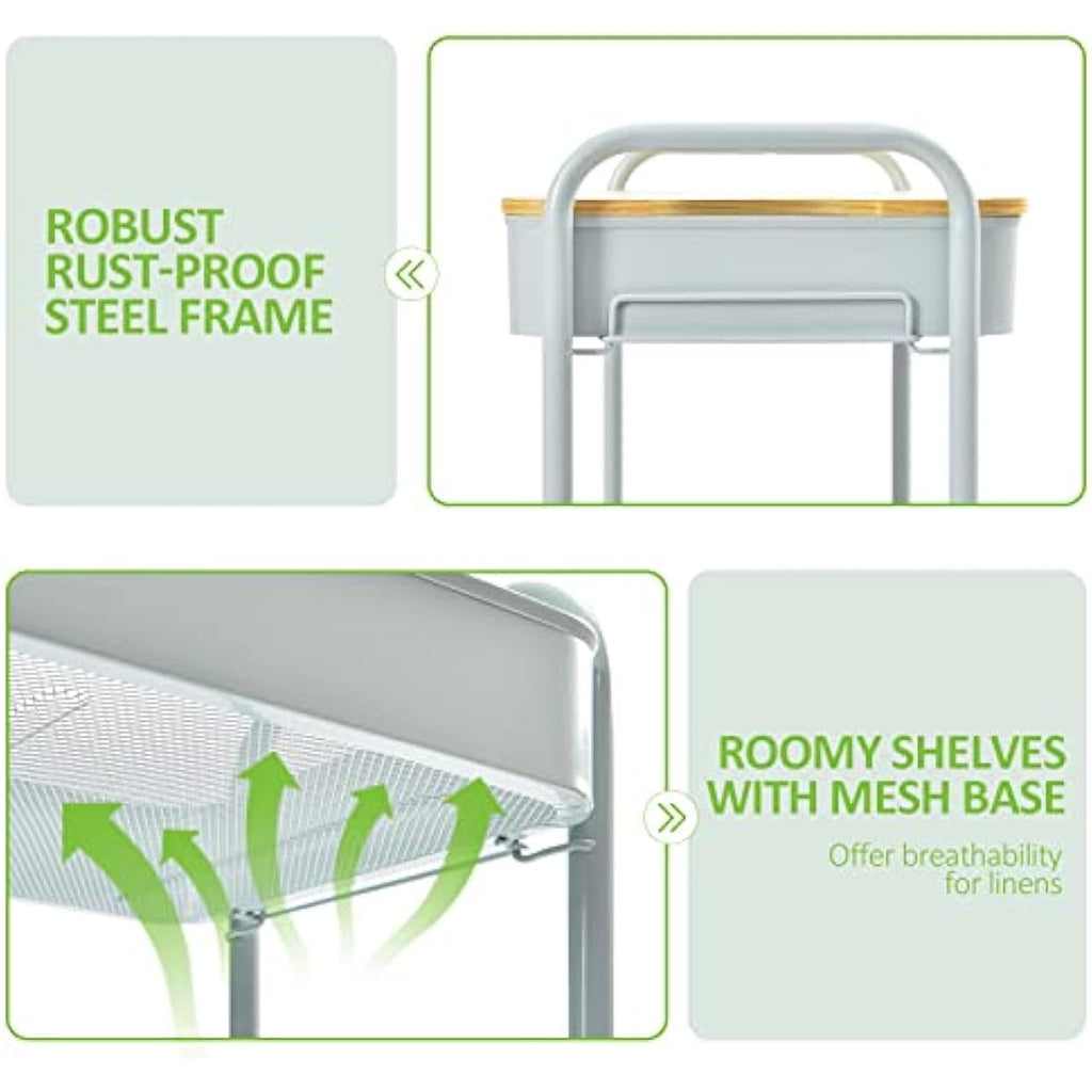 KINGRACK 3-Tier Metal Rolling Storage Trolley with Wooden Worktop
