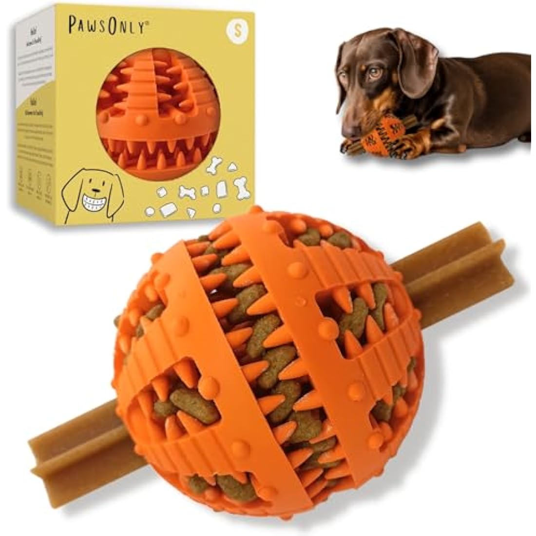 PawsOnly Interactive Dog Treat Dispenser Ball – Dental Rubber Toy, Orange