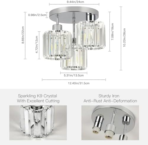 FORCOSO Modern Crystal Ceiling Light – 3-Light Chrome Semi Flush Chandelier