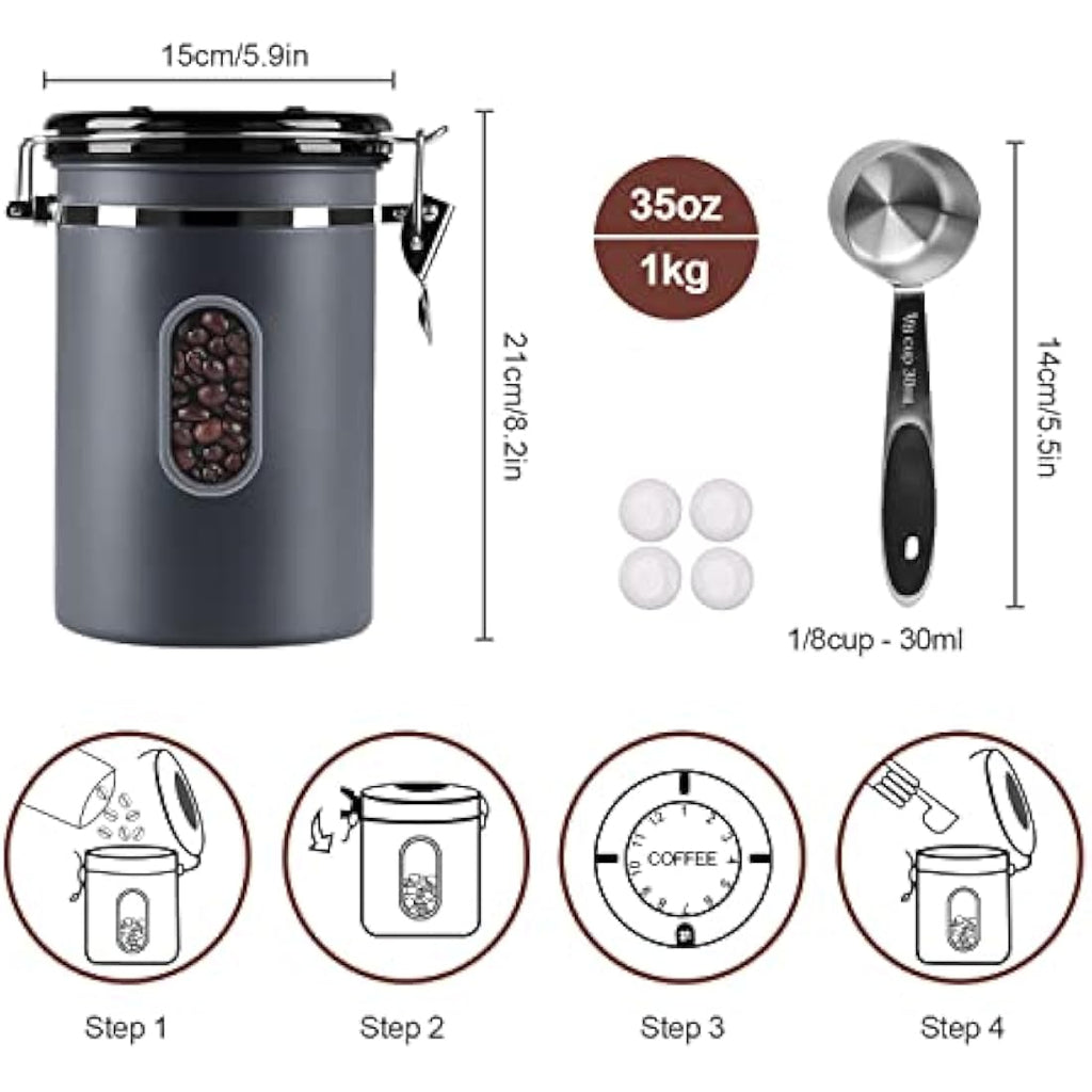 ROCKY&CHAO Airtight Coffee Canister – 2800ml Stainless Steel Storage