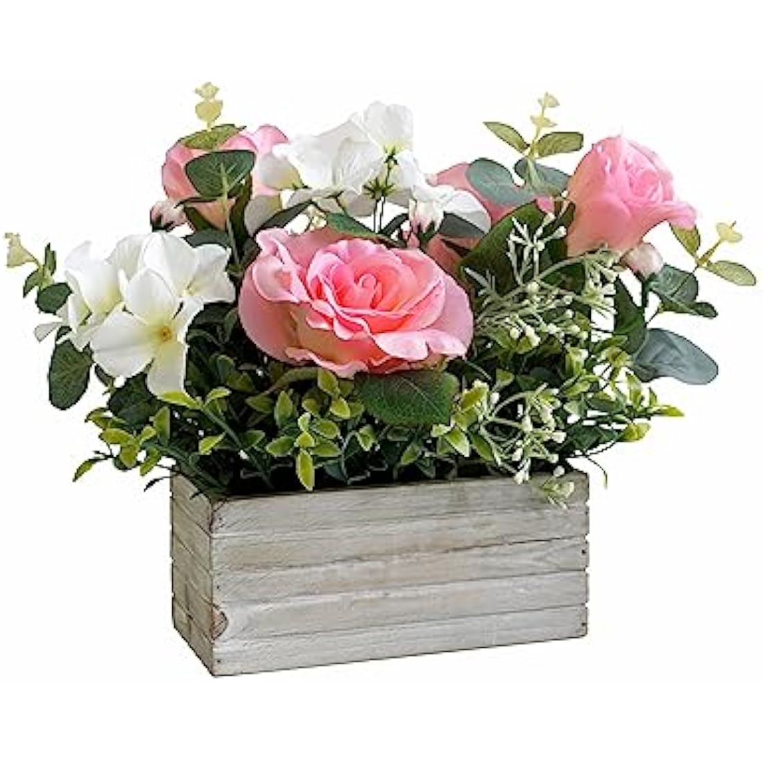 Artificial Pink Roses & Hydrangeas in Wooden Pot Centerpiece