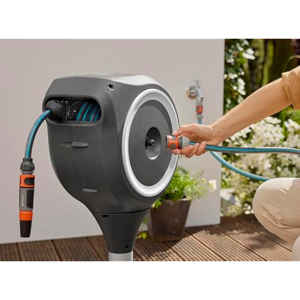 Gardena RollUp S Patio Hose Box – 15m Automatic Retractable Reel, White