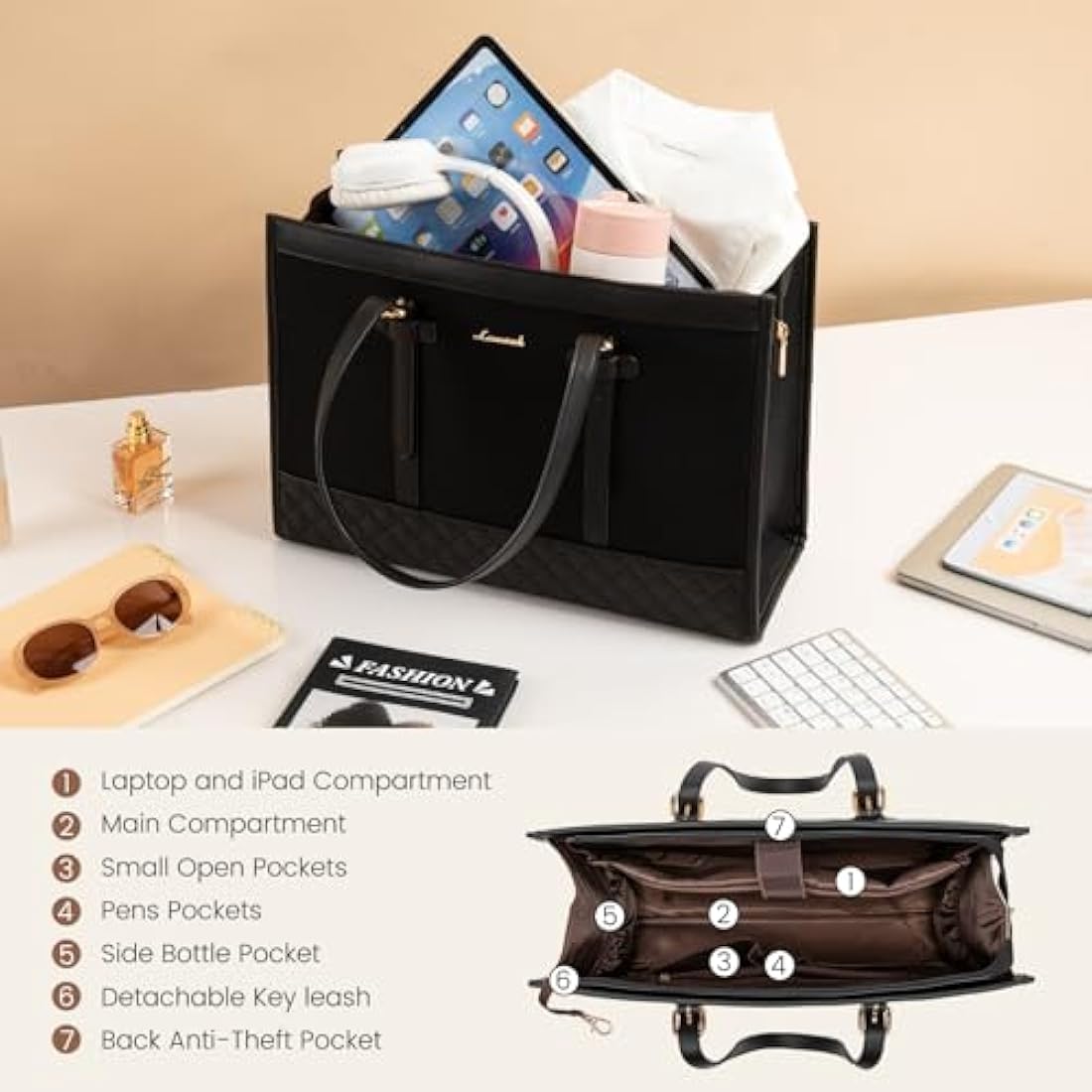 Jolof Store 15.6 Inch Laptop Bag for Women | Leather Work Tote - Black