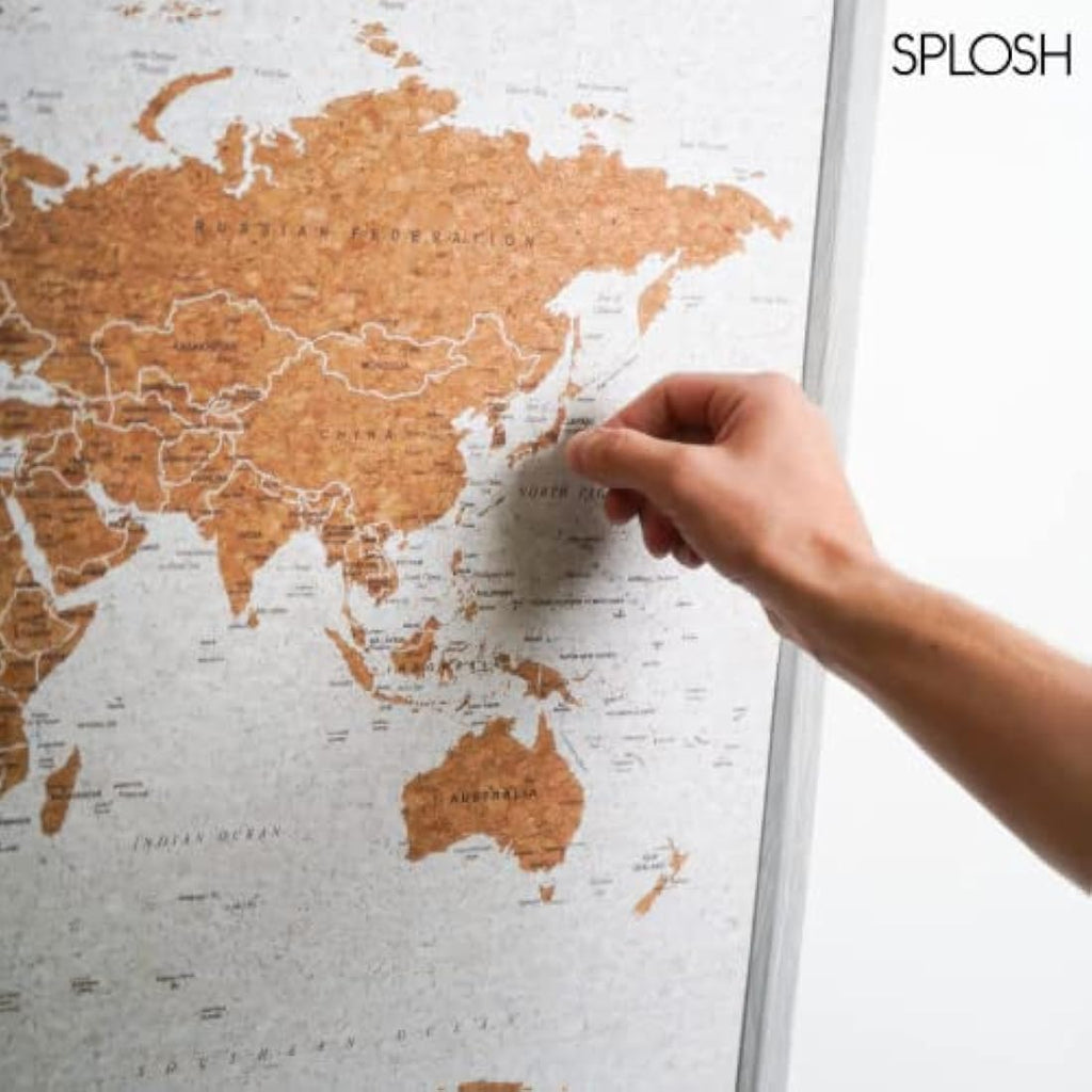 Splosh World Map Pin Board – Grey Framed Cork Board with 100 Pins