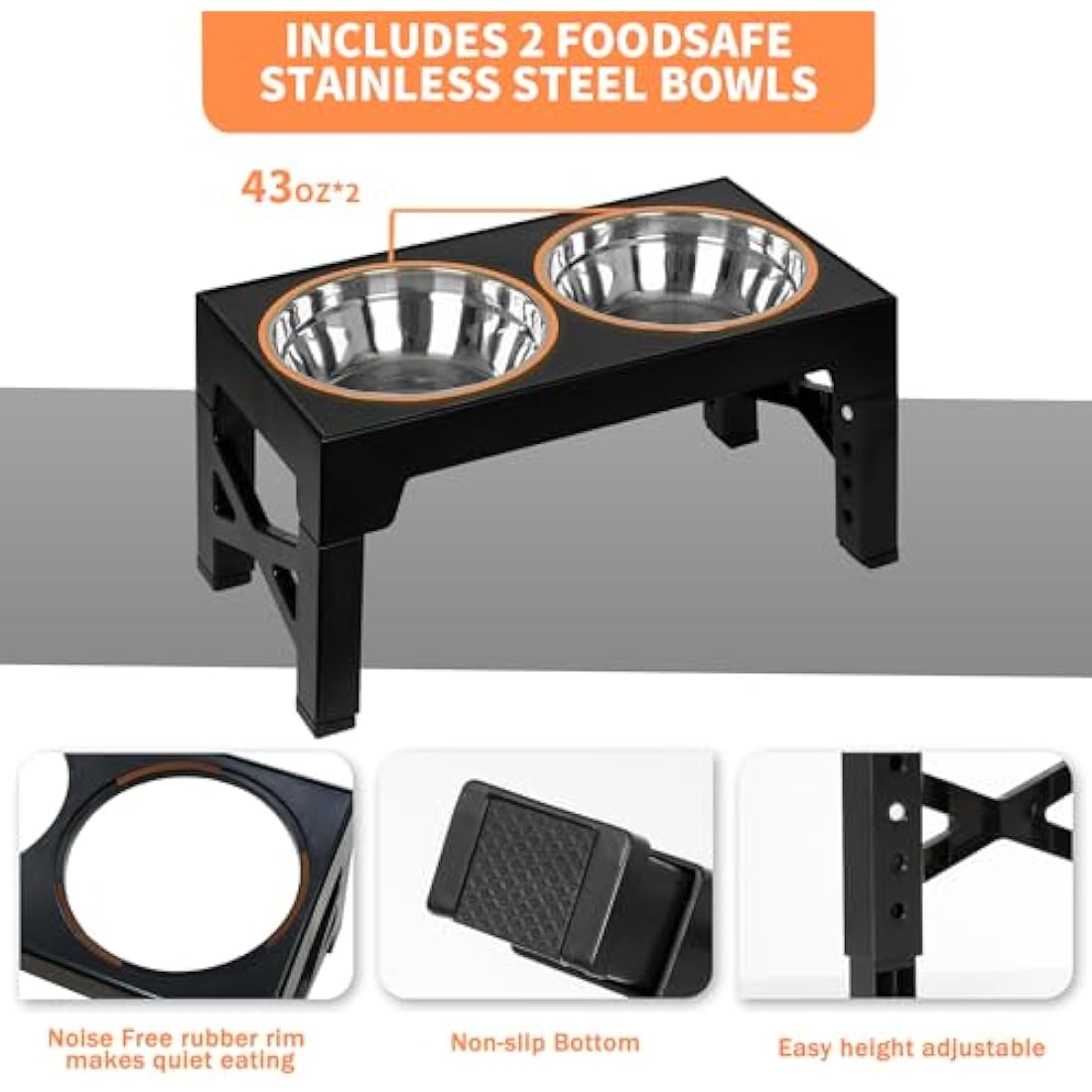 FOREYY Adjustable Elevated Dog Bowls – 5 Heights Raised Stand with 3 Bowls