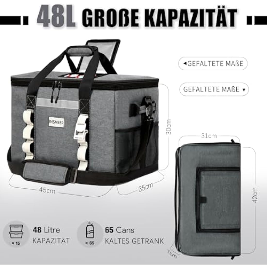INSMEER 48L Large Insulated Cooler Bag | 65 Cans Waterproof Foldable Bag