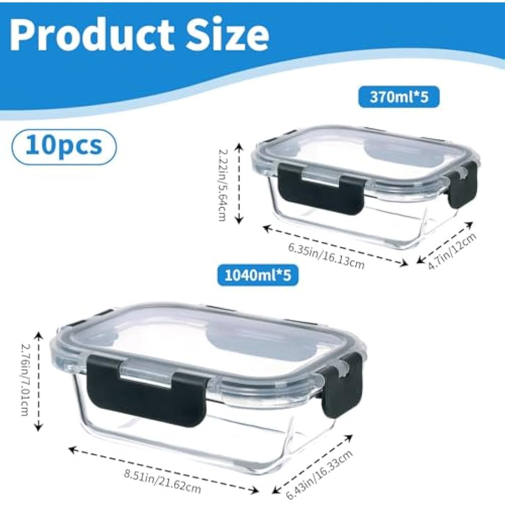 10-Pack Airtight Glass Meal Prep Containers - Black