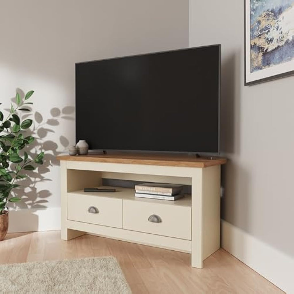 GFW Lancaster Corner TV Unit – Cream Wood Cabinet with 2 Drawers