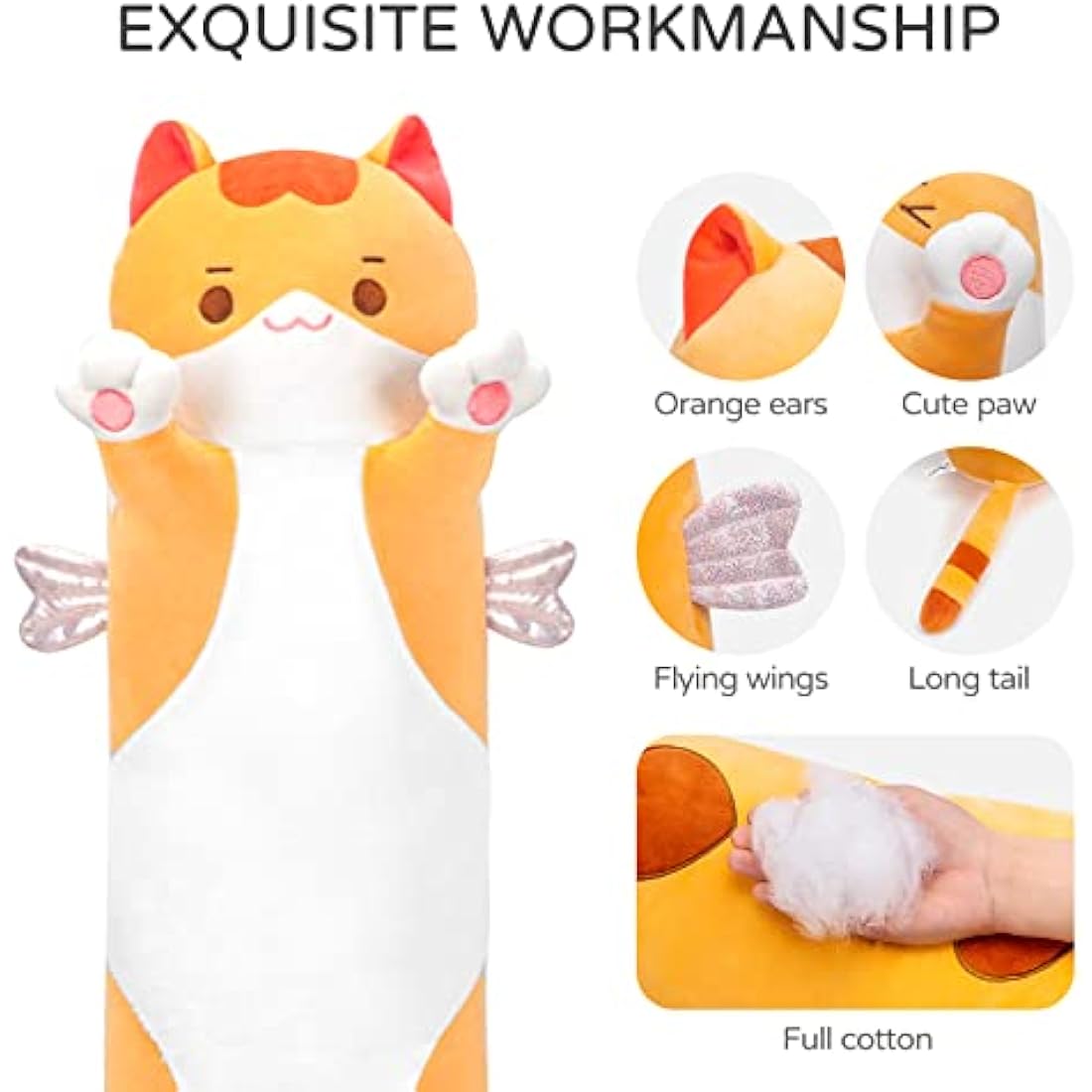 Mewaii 28in Long Cat Plush Body Pillow – Orange Kawaii Stuffed Animal