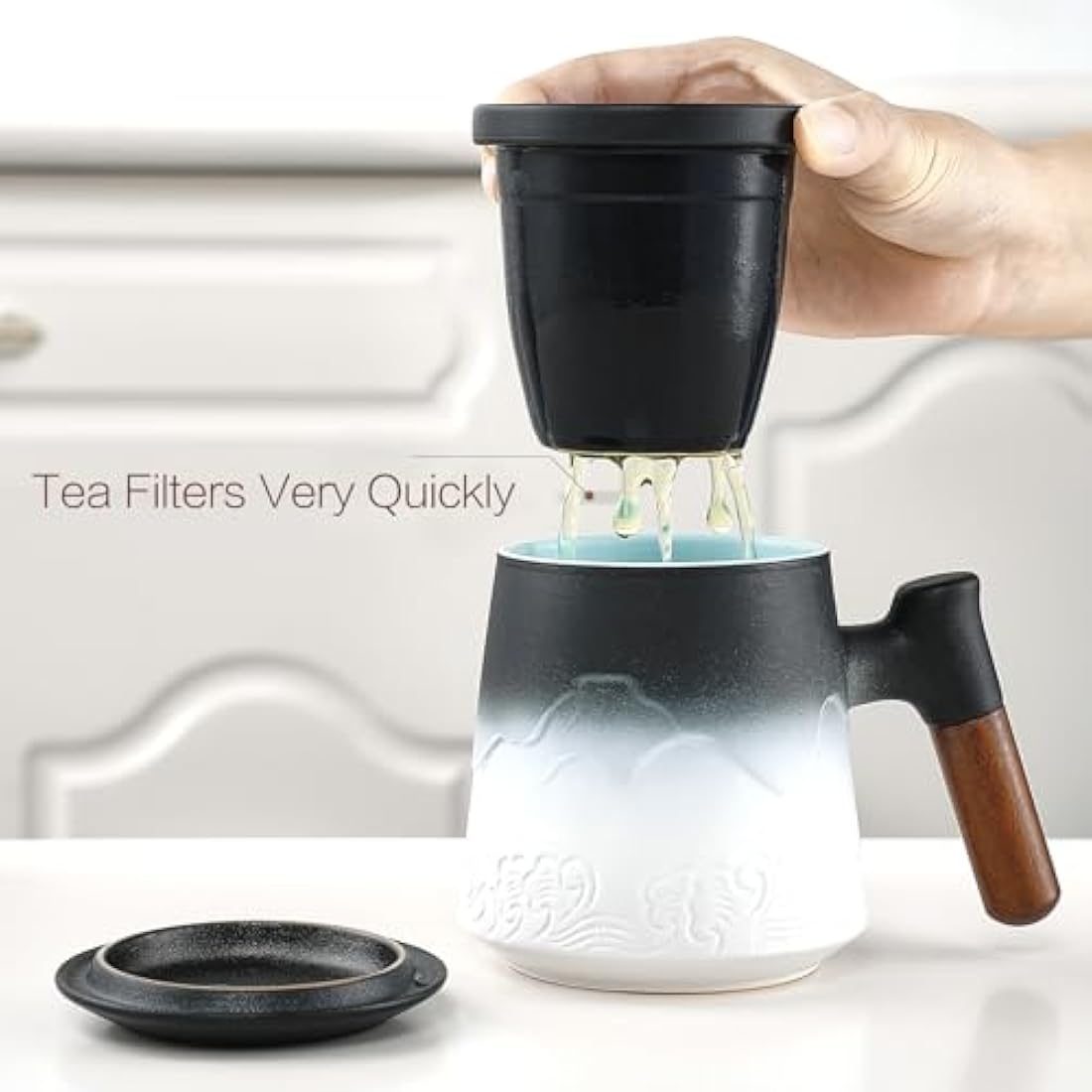 ZENS Ceramic Tea Mug with Infuser and Lid | 450ml Vintage Wood Handle Cup