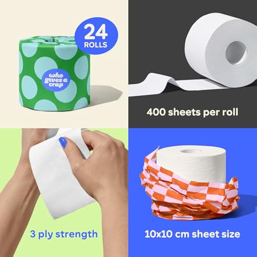 Who Gives A Crap 100% Recycled Toilet Paper | 3-Ply 400 Sheets | 24 Pack