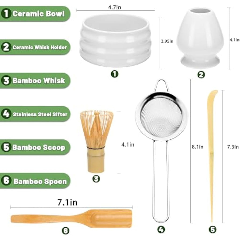 Geebuzz 6-Piece Matcha Whisk Set with Ceramic Bowl and Bamboo Whisk - White