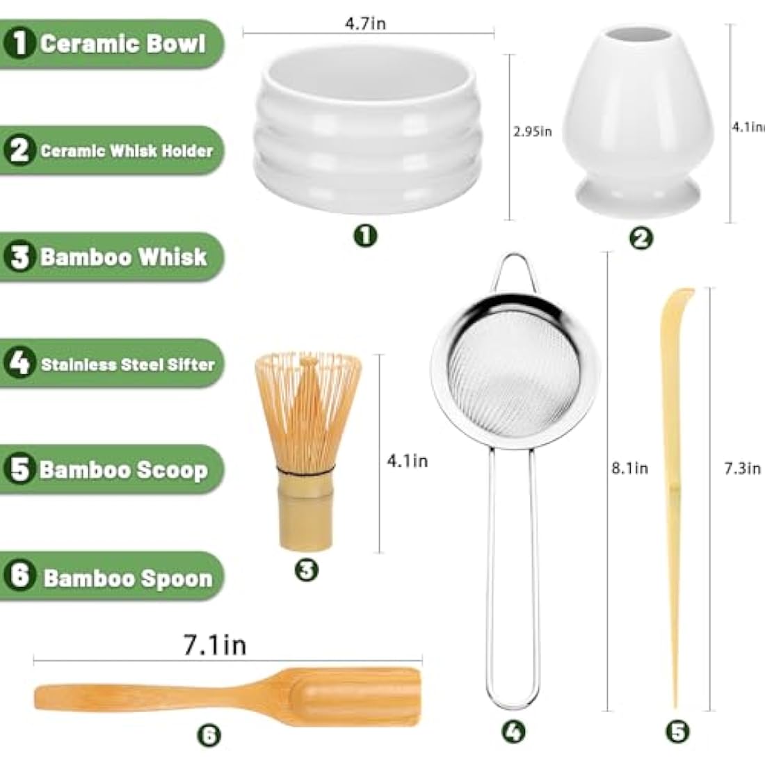 Geebuzz 6-Piece Matcha Whisk Set with Ceramic Bowl and Bamboo Whisk - White
