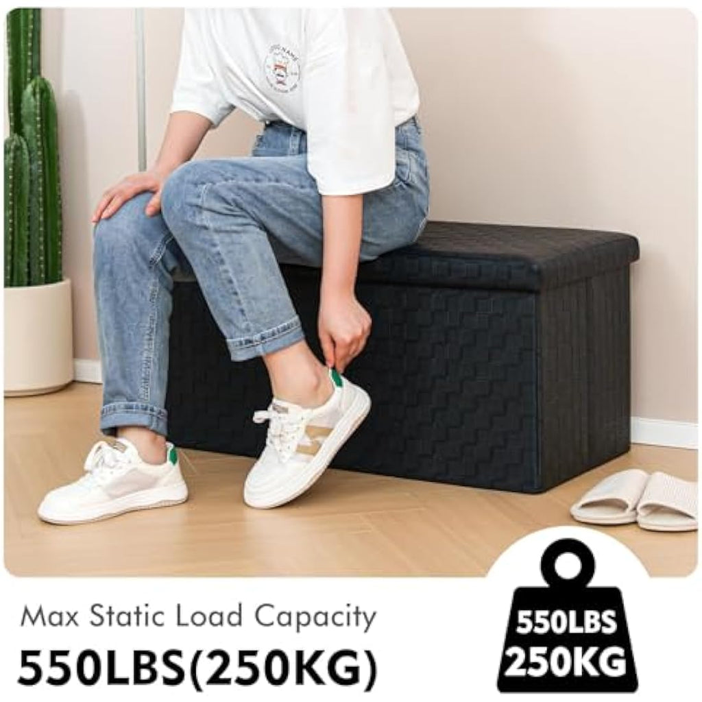 Bonlife Foldable Faux Leather Storage Ottoman Bench - Black, 76cm