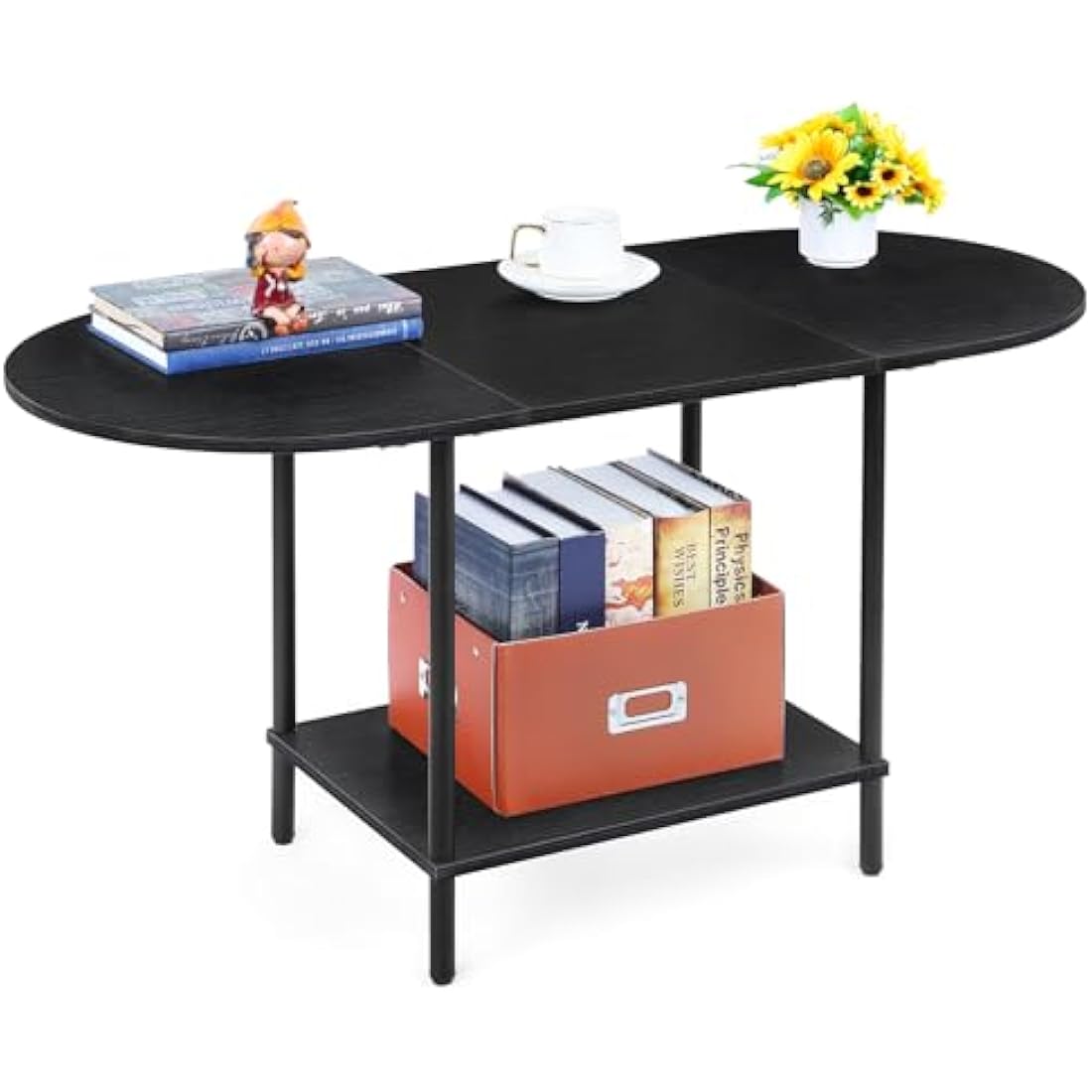Oval Coffee Table – 2-Tier Modern Black Wood Center Table