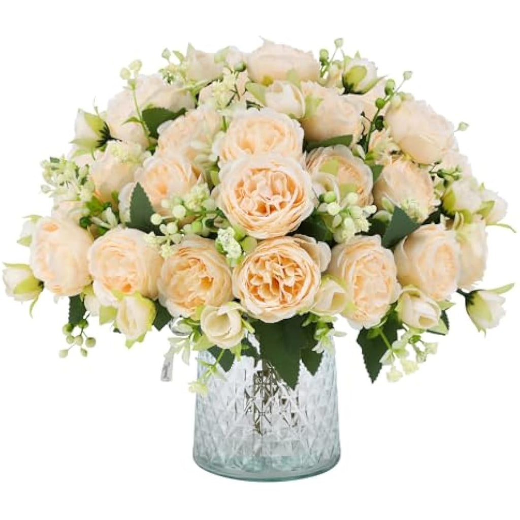 JUSTOYOU Artificial Silk Peony Bouquets - 4 Bunches, 20 Heads (Champagne)