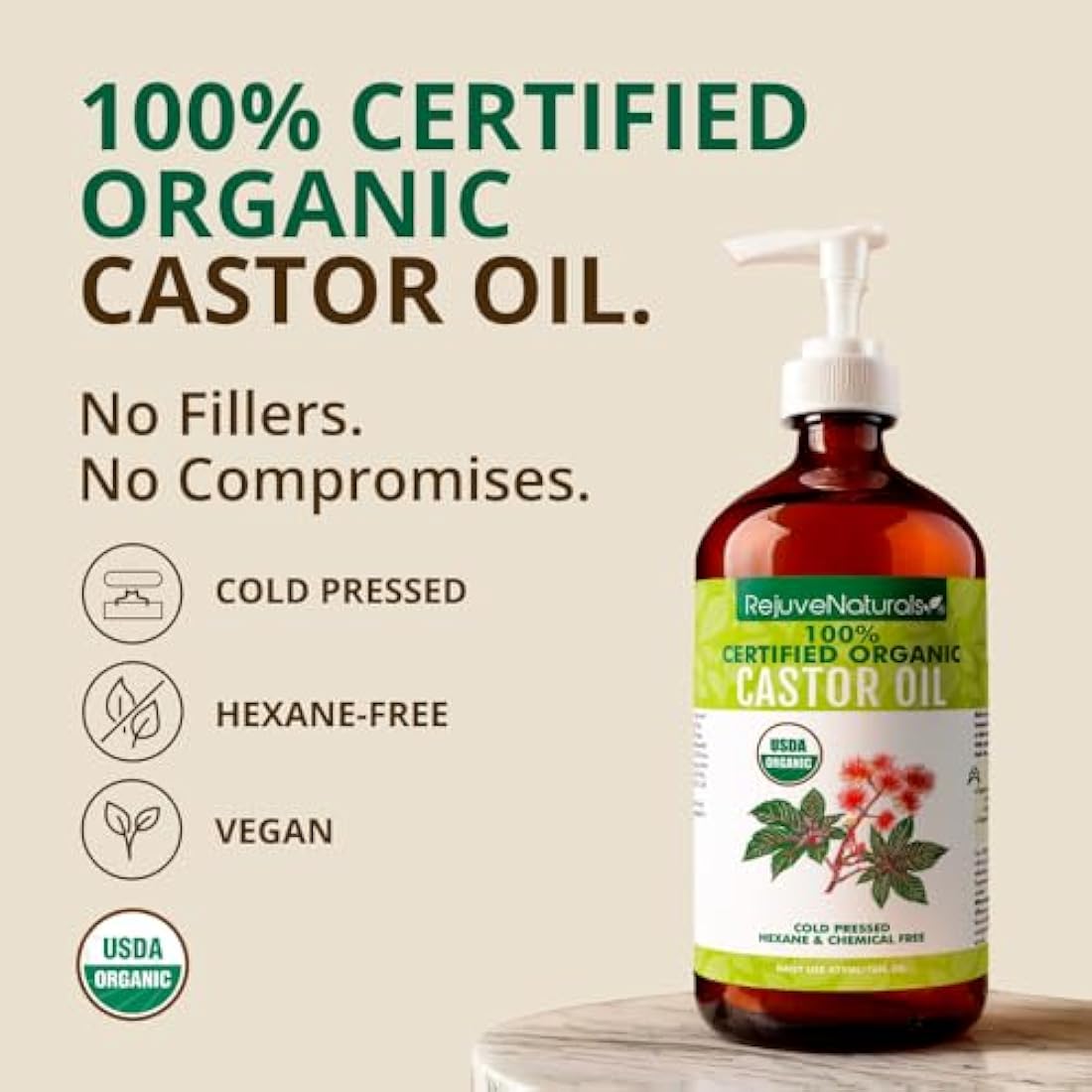 RejuveNaturals Organic Castor Oil – 16oz Glass Bottle Cold Pressed Hexane Free