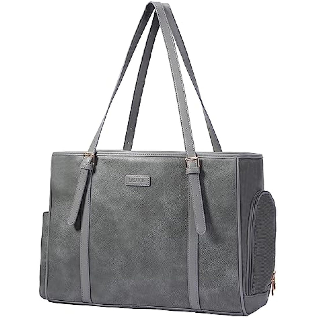 Lasaviin Vegan Leather Pet Carrier Dog Purse - Airline Approved, Grey