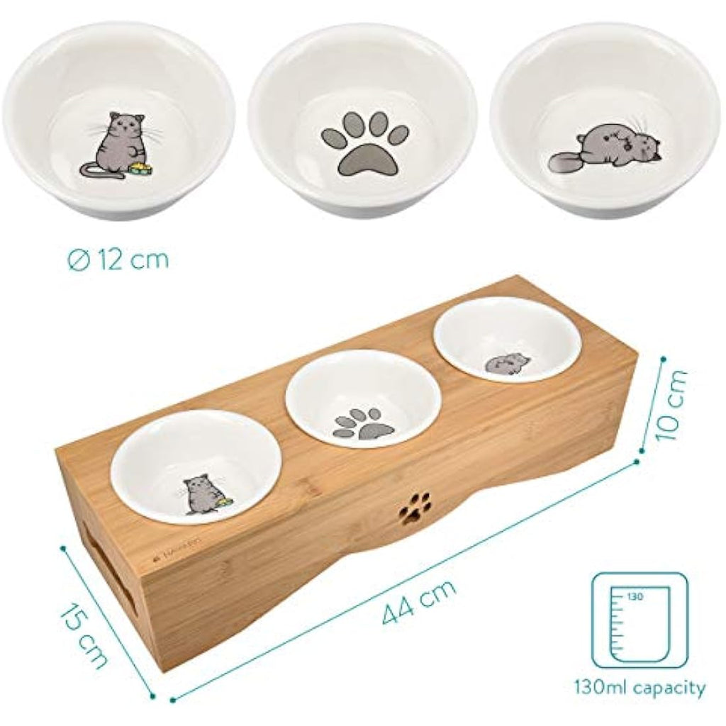 Navaris Elevated Triple Cat Bowls - Ceramic Feeder with Bamboo Stand