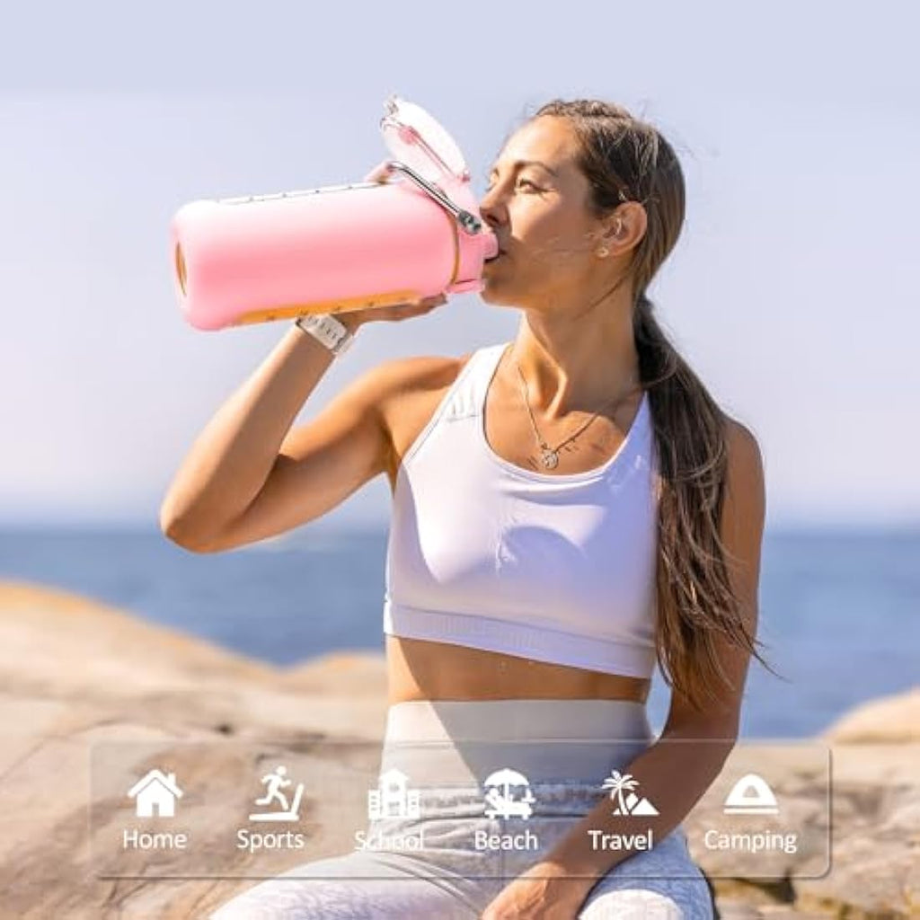 BLUEGO 2L Glass Water Bottle with Time Marker and Straw – Pink