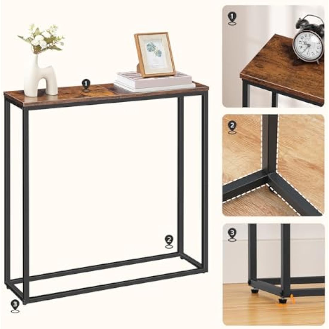 HOOBRO Narrow Console Table – Slim Industrial Hallway Table, Rustic Brown