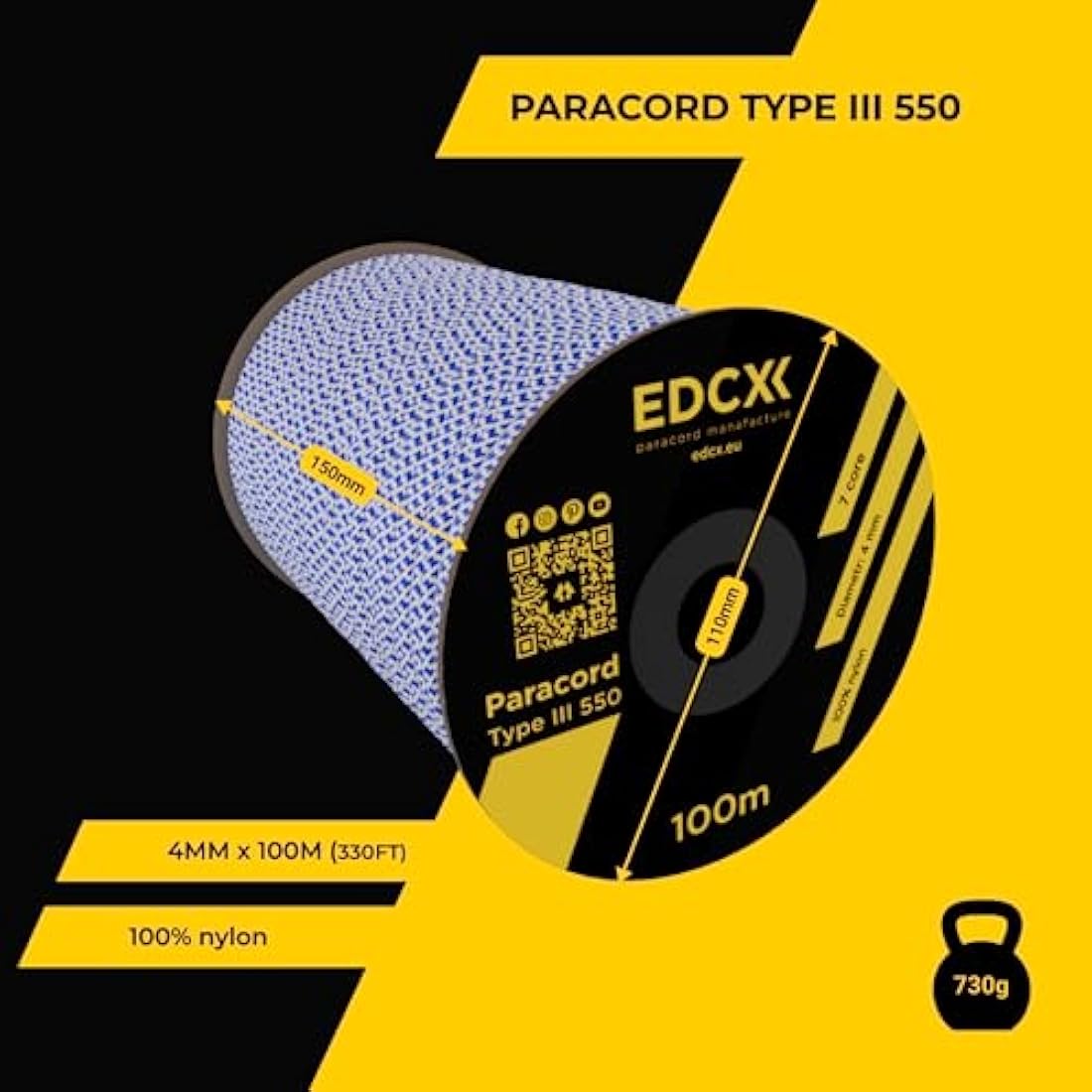 EDCX 550 Paracord – 4mm Type III 7-Strand Nylon Rope for Camping & DIY